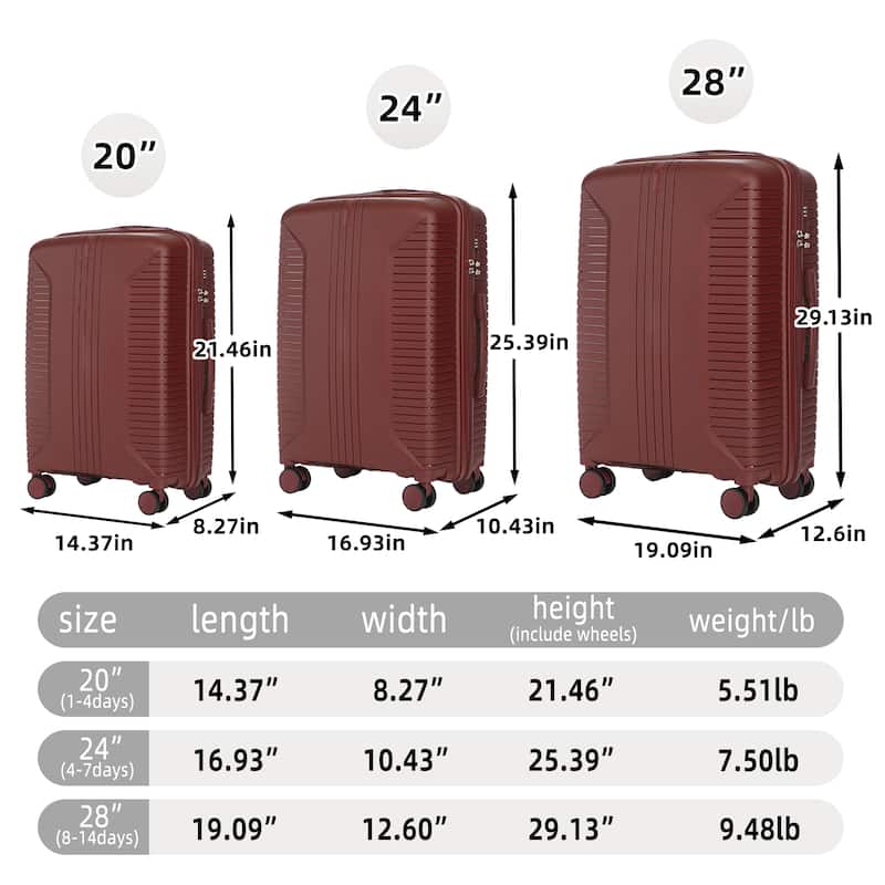 3-Piece, Modern Luggage Sets, Multi-functional Luggage with Spinner Spinner and Combination Lock, for Boarding Travel, Red