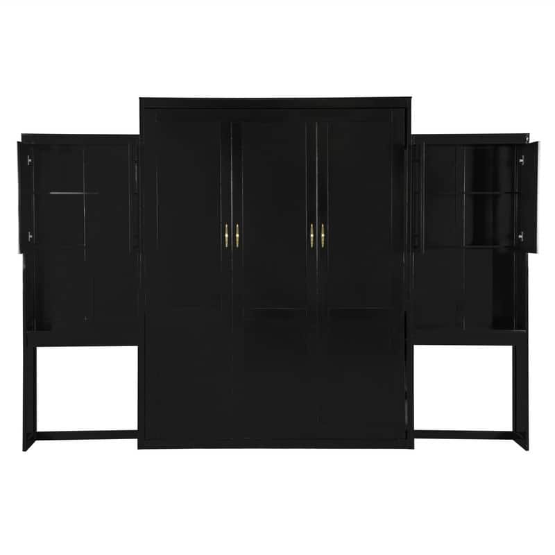 Queen Size Murphy Bed Wall Bed with Desk, Mirror and Vanity, Wooden Foldable Murphy Cabinet Bed with Storage Cabinets