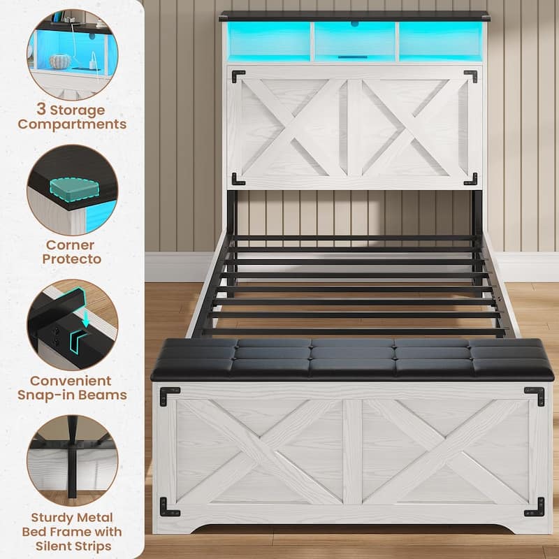 Bed Frame with Storage Ottoman Charging Station and Led Light