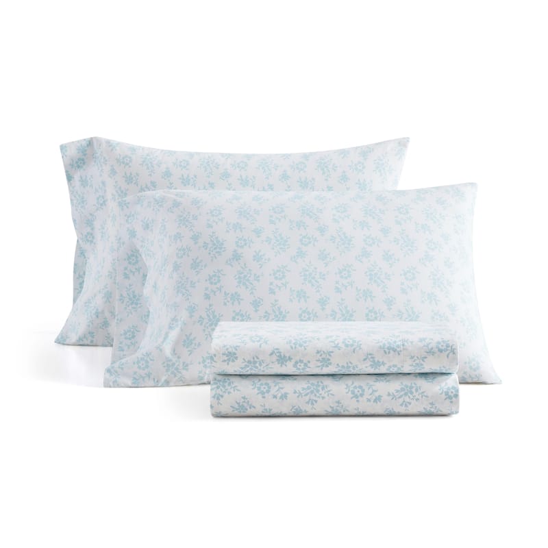 Martha Stewart Printed Cotton Percale Sheet Set - Floral Blue - Queen