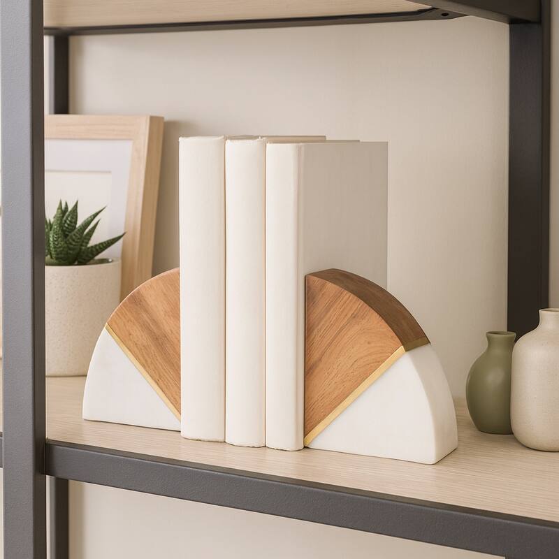Decorative Wood and Marble Bookends - 5", White & Brown - 4.5"