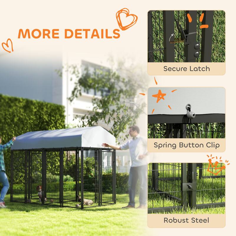 Silver-Black Steel Outdoor Dog Kennel with PE Cover and Two Rooms - 3.6"L x 49.2"W x 72" H