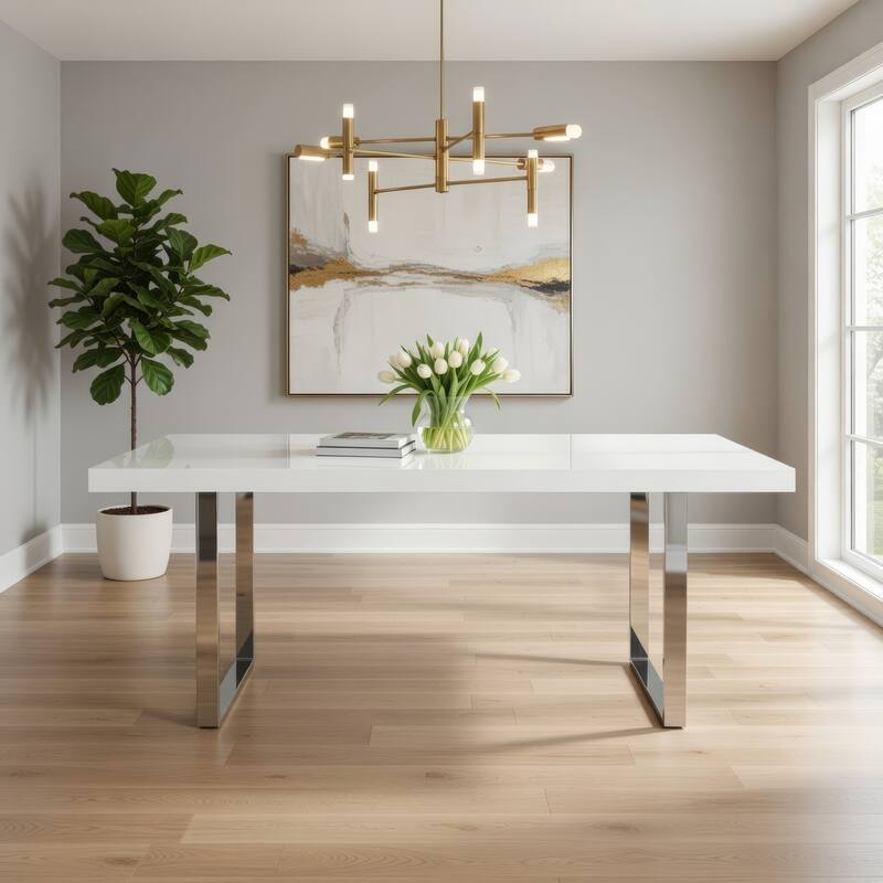 Ien 71 Inch Dining Table, Rectangular Top, Open Metal Panel, White Lacquer