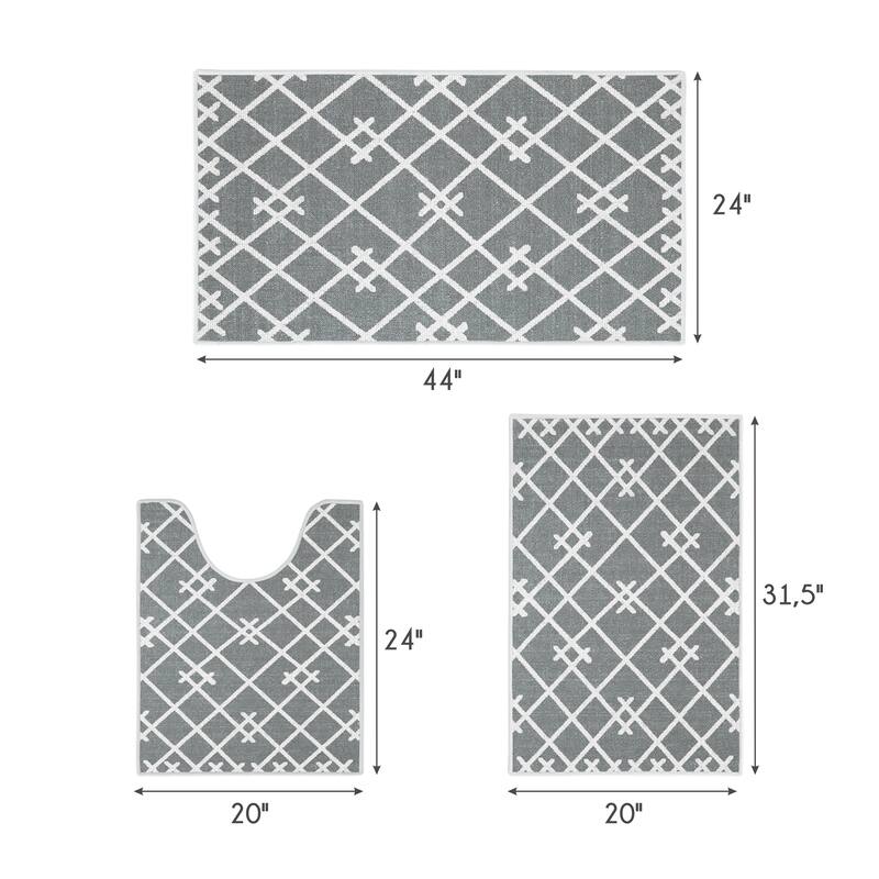 Geometric Design 3 Piece Bathroom Rugs Set - Non-Slip Ultra Thin Bath Rugs for Bathroom Floor - Washable Bathroom Mats Set