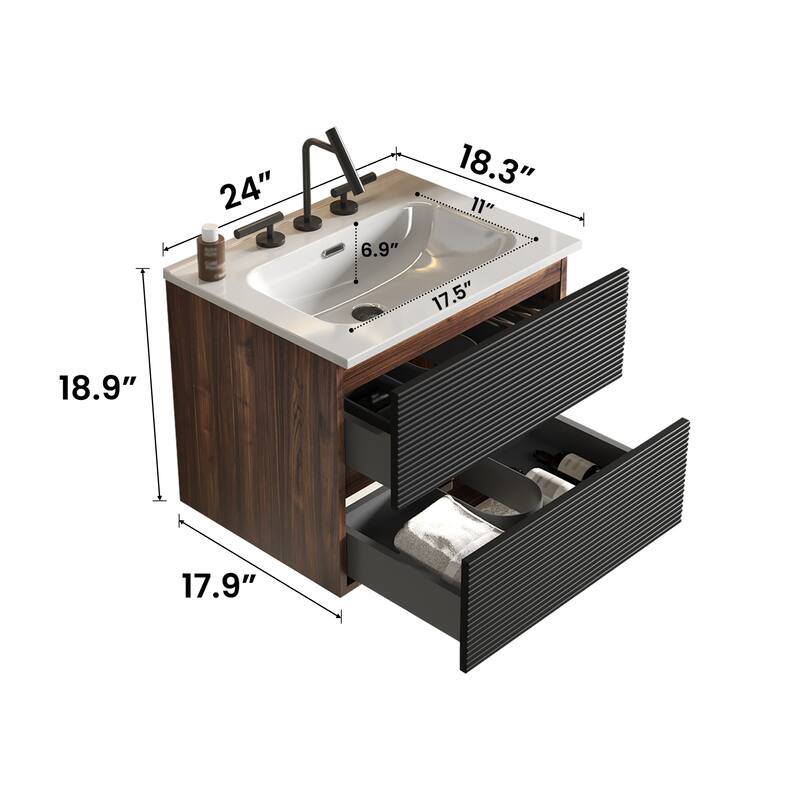 24" Wall Mounted Soft Black & Walnut Bathroom Vanity with Integrated Ceramic Sink with Overflow, with 3 holes