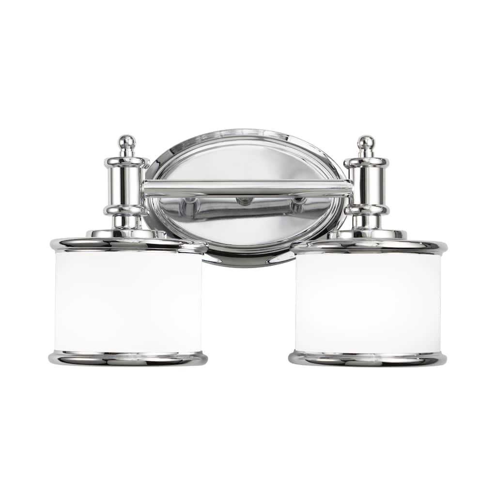 Carlisle 2-Light 13.75 in. W Chrome Bathroom Vanity Lighting Fixture, White Frosted Opal Glass Shade, Dimmable, Reversible