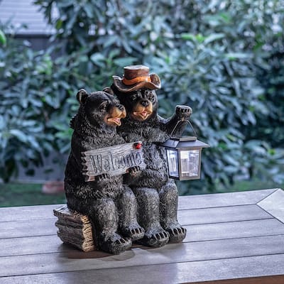 15 Inch Solar Couple of Bears with Lantern and Welcome Sign