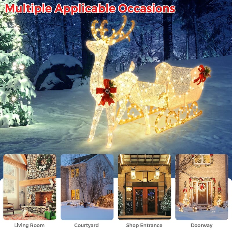 Lighted Reindeer and Sleigh Christmas Yard Decoration with 215 LED Lights for Outdoor Display