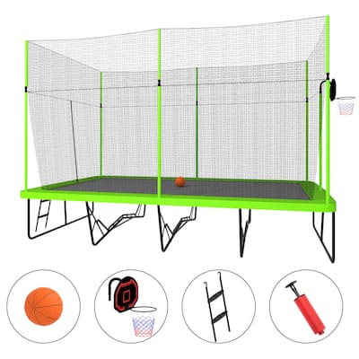 10ft by 17ft Trampoline with Green Fabric Black Powder-coated Galvanized Steel Tubes with Basketball Hoop System Advanced Ladder