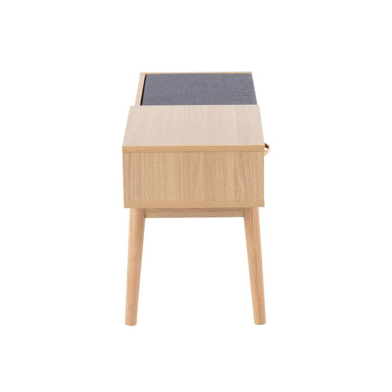 Telephone Contemporary Bench in Natural Wood and Grey Fabric with Pull-Out Drawer by LumiSource
