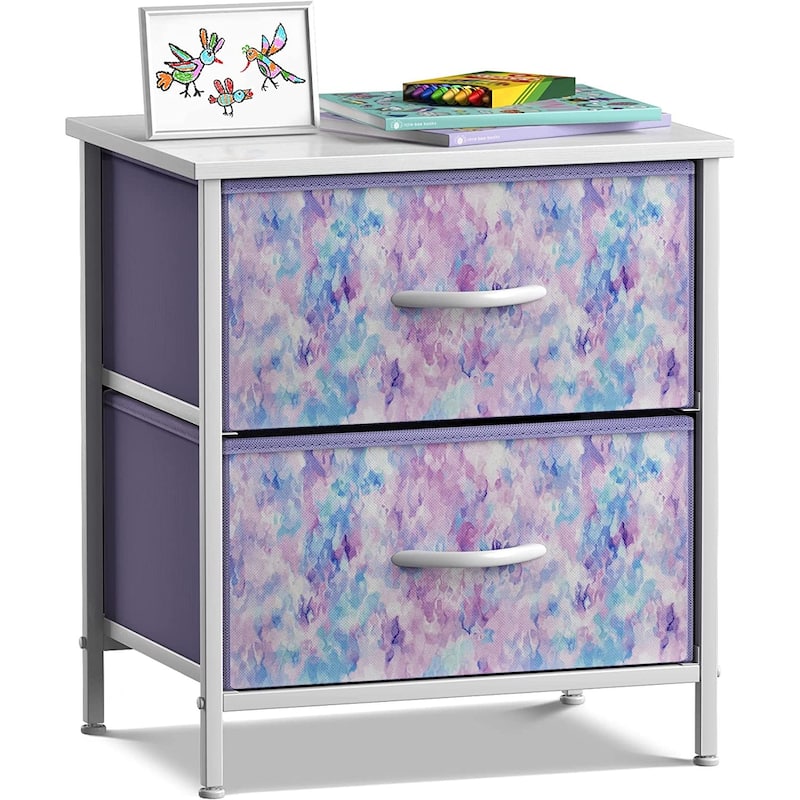 2 Drawer Bedside Nightstand End Table Bedroom Dresser, Pastel Colors - Tie-Dye Purple