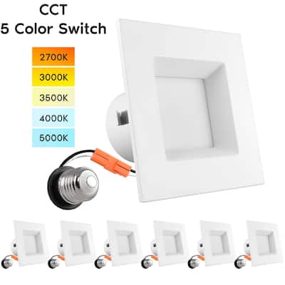 Luxrite 4" Square Recessed LED Can Light, Color Temperature Selectable 2700K / 3000K / 3500K / 4000K / 5000K (6 Pack) - 6 Pack
