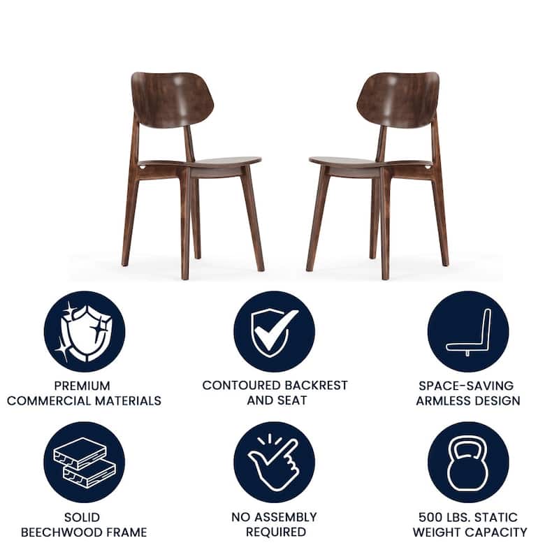Set of 2 Commercial Solid Wood Dining Chair with Curved Backrest - 17.25"W x 20.75"D x 33.25"H