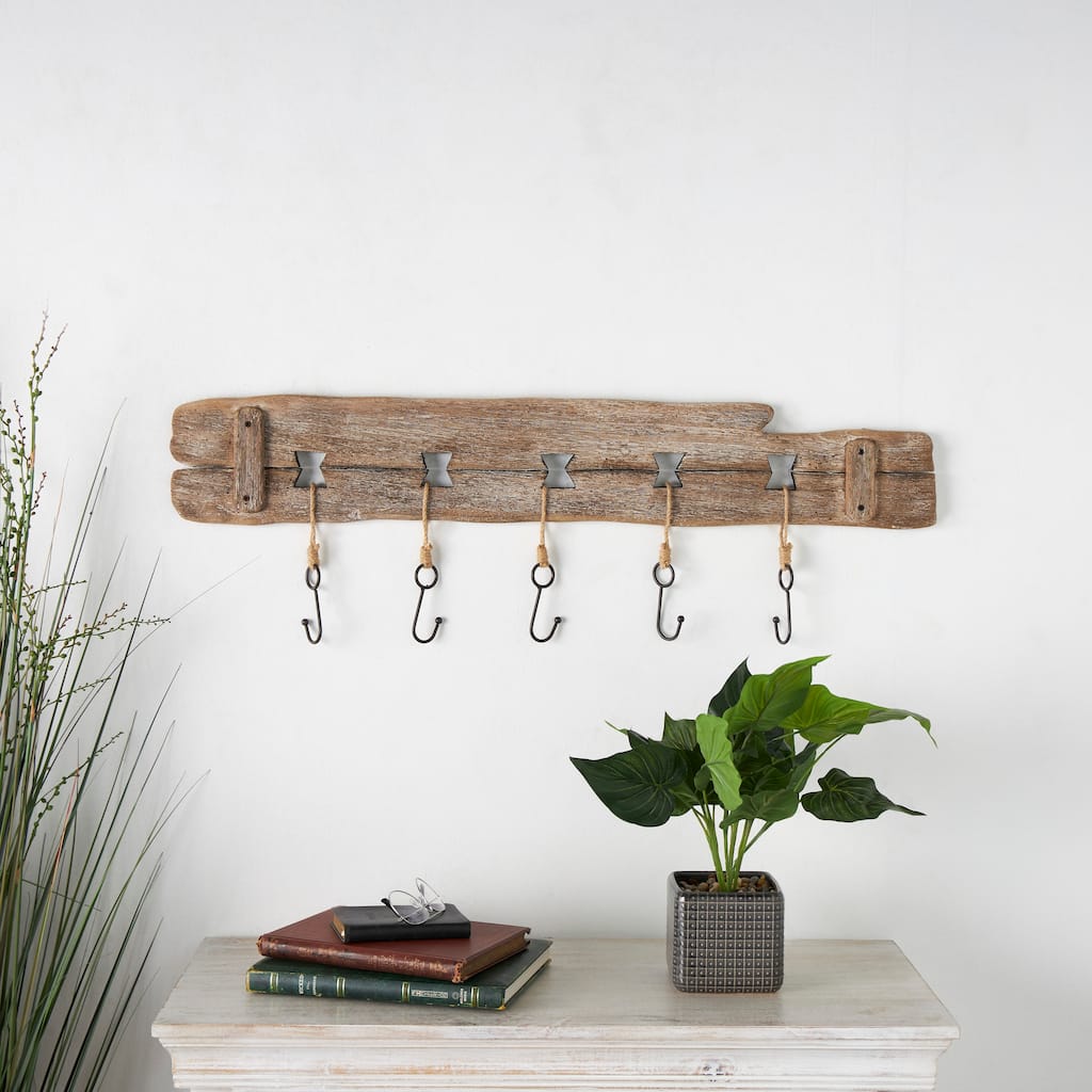 Brown Wood Whitewashed 4 Hanger Anchor Home Wall Hook with Hanging Rope and Bronze Metal accents (Set of 2)