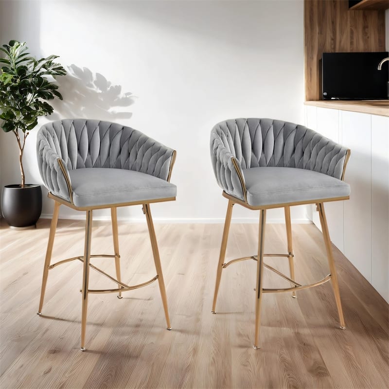 Velvet Counter Height Bar Stools with Legs and Footrest,Set of 2