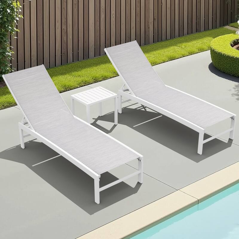 3-Piece Outdoor Loungers Patio Chaise Lounge Chairs Set with Side Table - Set of 3 - White&Grey&Blue Fabric