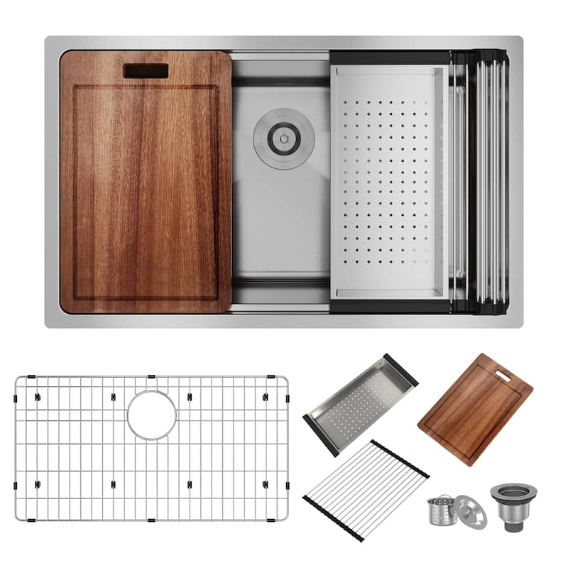 31 in. Undermount Single Bowl 18 Gauge Stainless Steel Workstation Kitchen Sink with Sliding Accessories, cUPC Certified