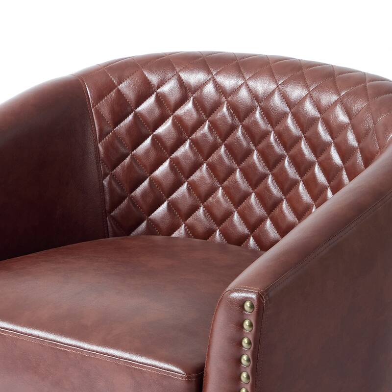 Tufted PU Vegan Leather Swivel Barrel Chair with Nailheads Trim