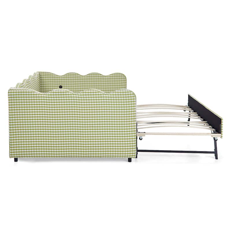 Full Size Gingham Daybed with Twin Trundle, USB Port, Wave Shaped Design & Linen Fabric - No Box Spring Needed
