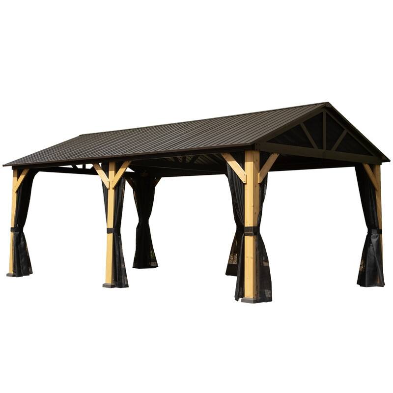Domi 12' X 20' Hardtop Gazebo with Galvanized Steel Gable Roof and Wood Grain Aluminum Frame，Outdoor Permanent Gazebo