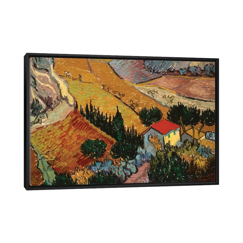 iCanvas "Landscape with House and Ploughman, 1889 " by Vincent van Gogh Framed Canvas Print