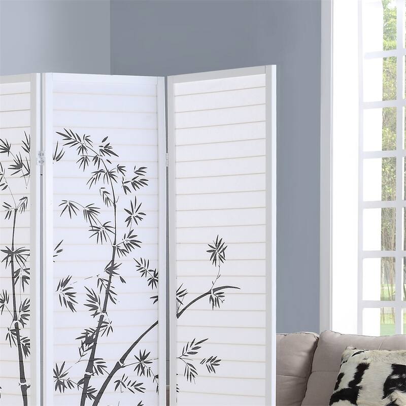 Bamboo Print 4-Panel Framed Room Screen/Divider, Black/White