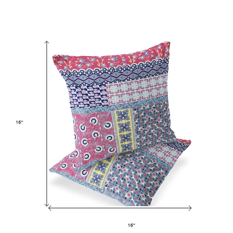 HomeRoots Set of Two 16" X 16" Blue and Pink Blown Seam Floral Indoor Outdoor Throw Pillow - 16.00' X '16.00' X '5.00