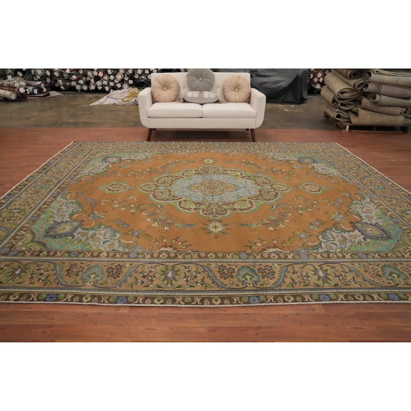 Hand Knotted Oriental 100% Wool Carpet Traditional Floral Oranges & Rust Tabriz Area Rug - 12' 0'' X 9' 6''