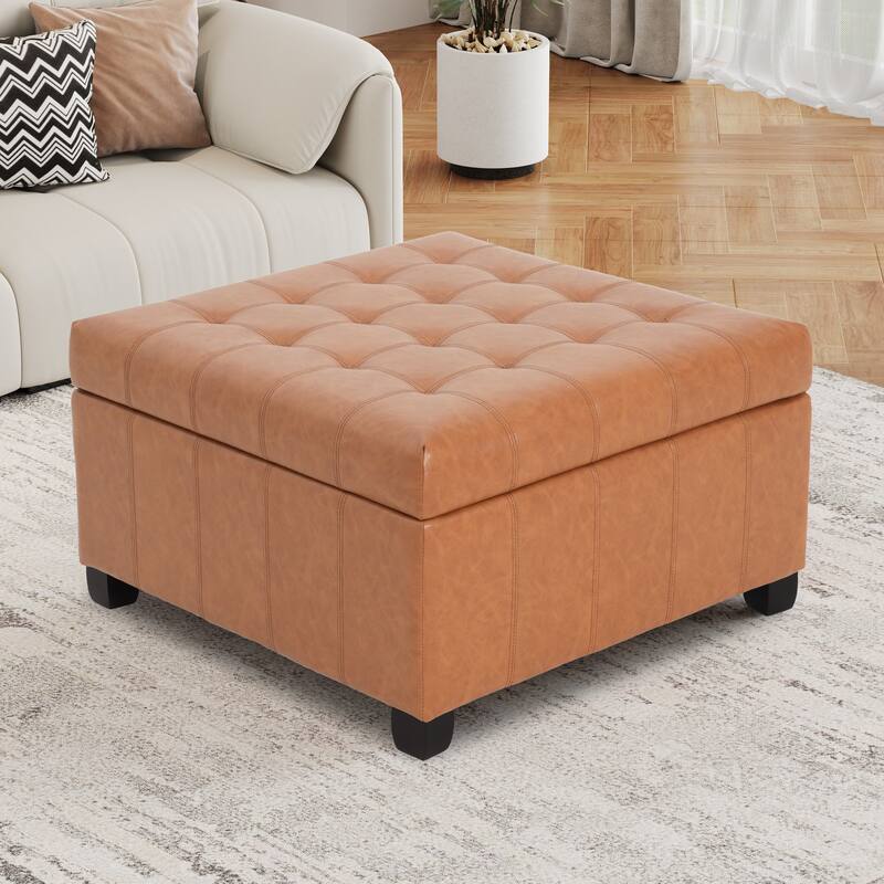 Upholstered Tufted PU Leather Storage Ottoman with Soft Close - Light Brown