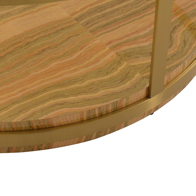 HomeRoots 43" Clear Gold And Brown Glass Wood and Metal Round Coffee Table With Shelf - 43' X '18' X '43