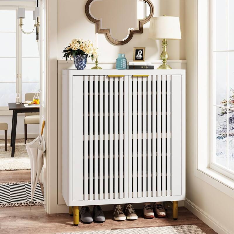 6-Tier Shoe Cabinet with Shutter Doors Adjustable Shelves Wooden Storage Cabinet for Entryway/Hallway/Closet/Living Room