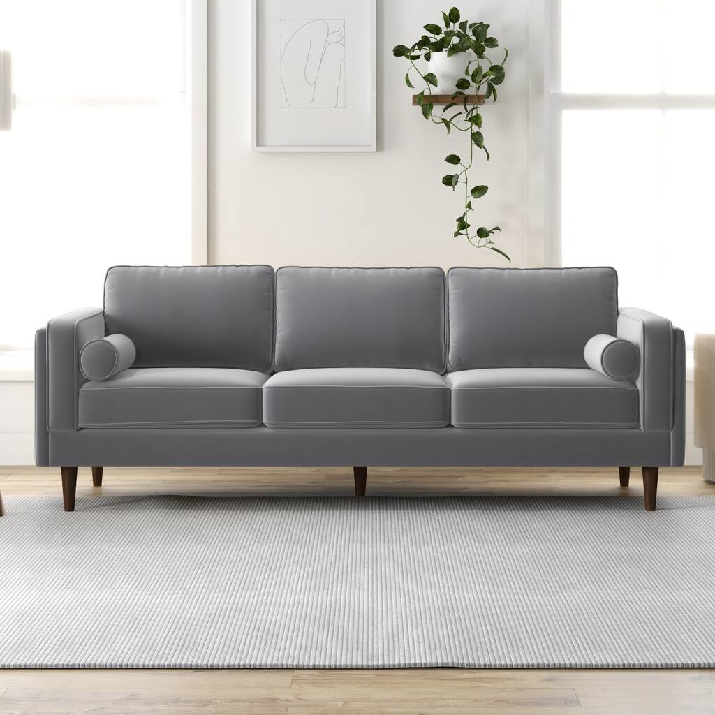 Flavia Mid Century Modern Style Sofa Couch for Living Room in Grey Velvet