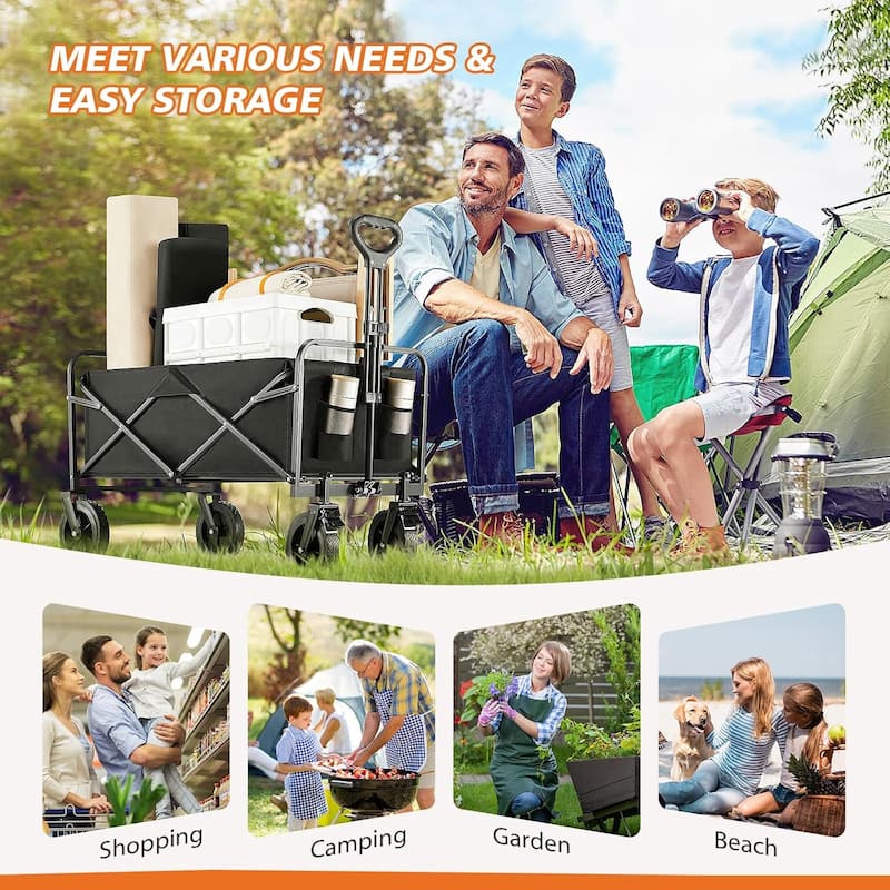 Collapsible Folding Wagon, Wagon Cart Foldable with Two Drink Holders, Utility Grocery Wagon for Camping Shopping Sports