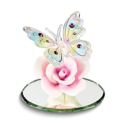 Butterfly with Crystals and Pink Rose Handcrafted Glass Figurine