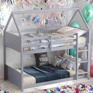 Twin Over Twin House Floor Bunk Bed with Headboards, Footboards and Guardrails, Ladder