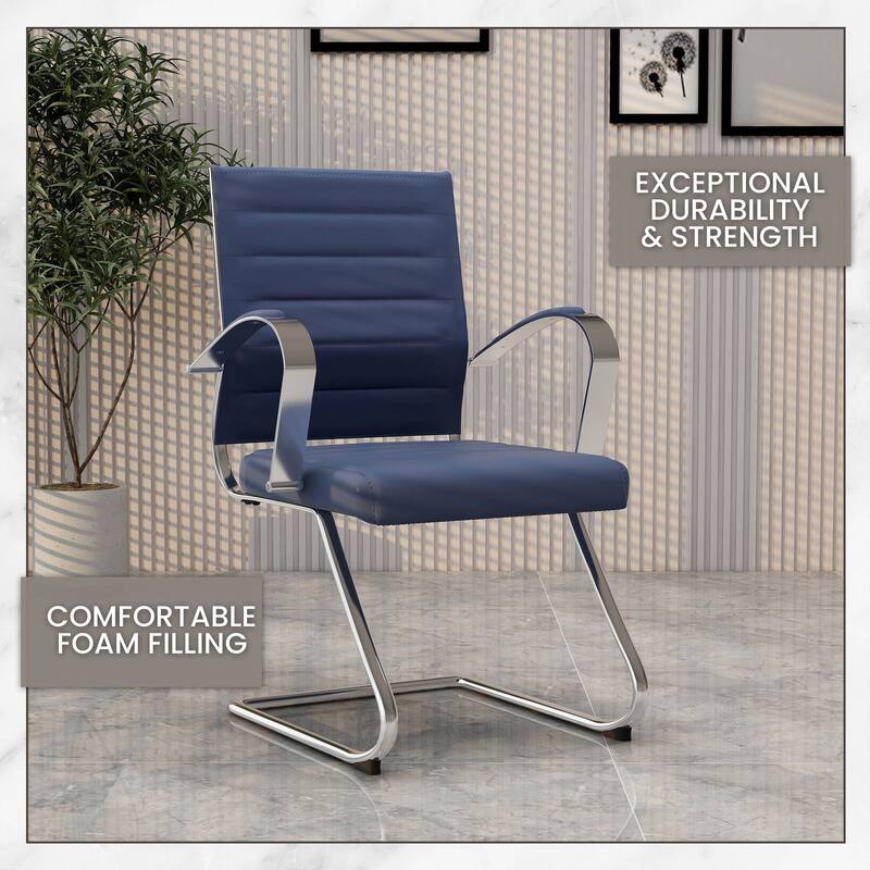 Benmar Modern Leather Office Chair with Stainless Steel Sled Base, Floor Caps, Ergonomic Desk Chair for Home Office or Workspace