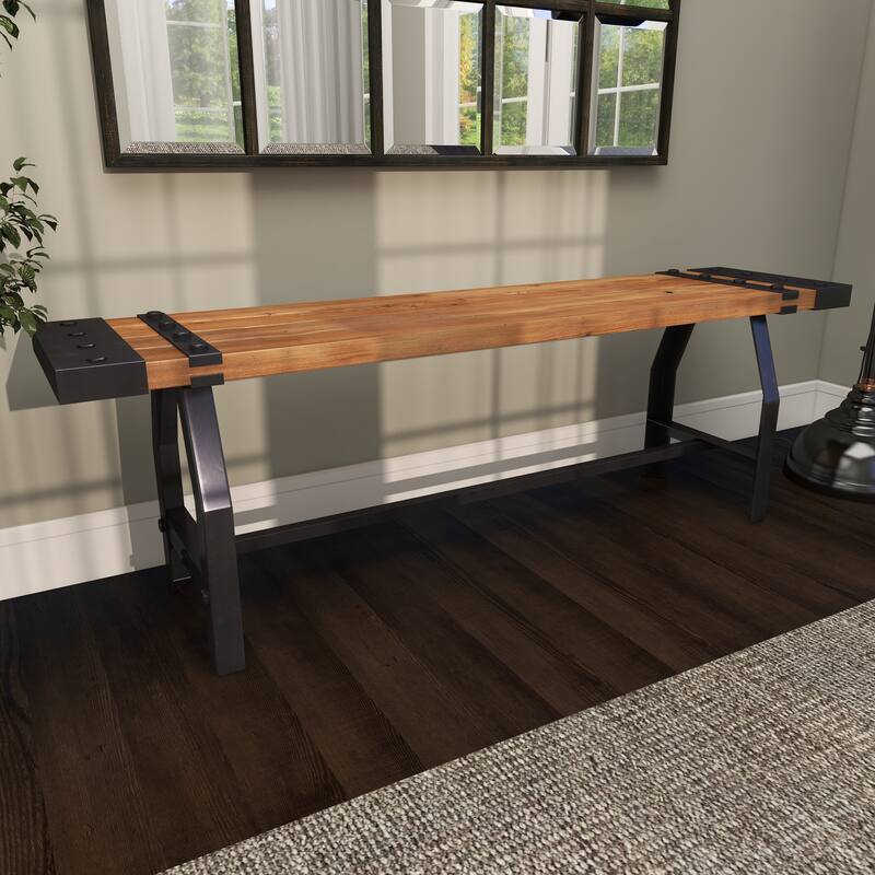 Brown Wood Bench with Black Metal Base and Studs - 55 x 13 x 18