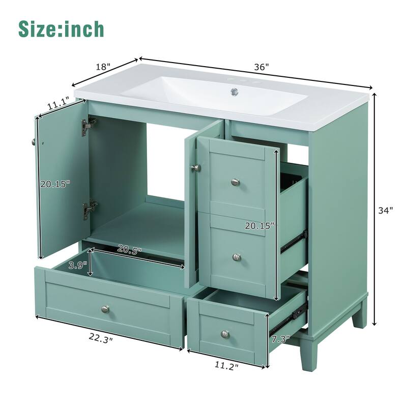Contemporary 36-Inch Bathroom Vanity with USB Charging, Resin Sink, and Ample Storage