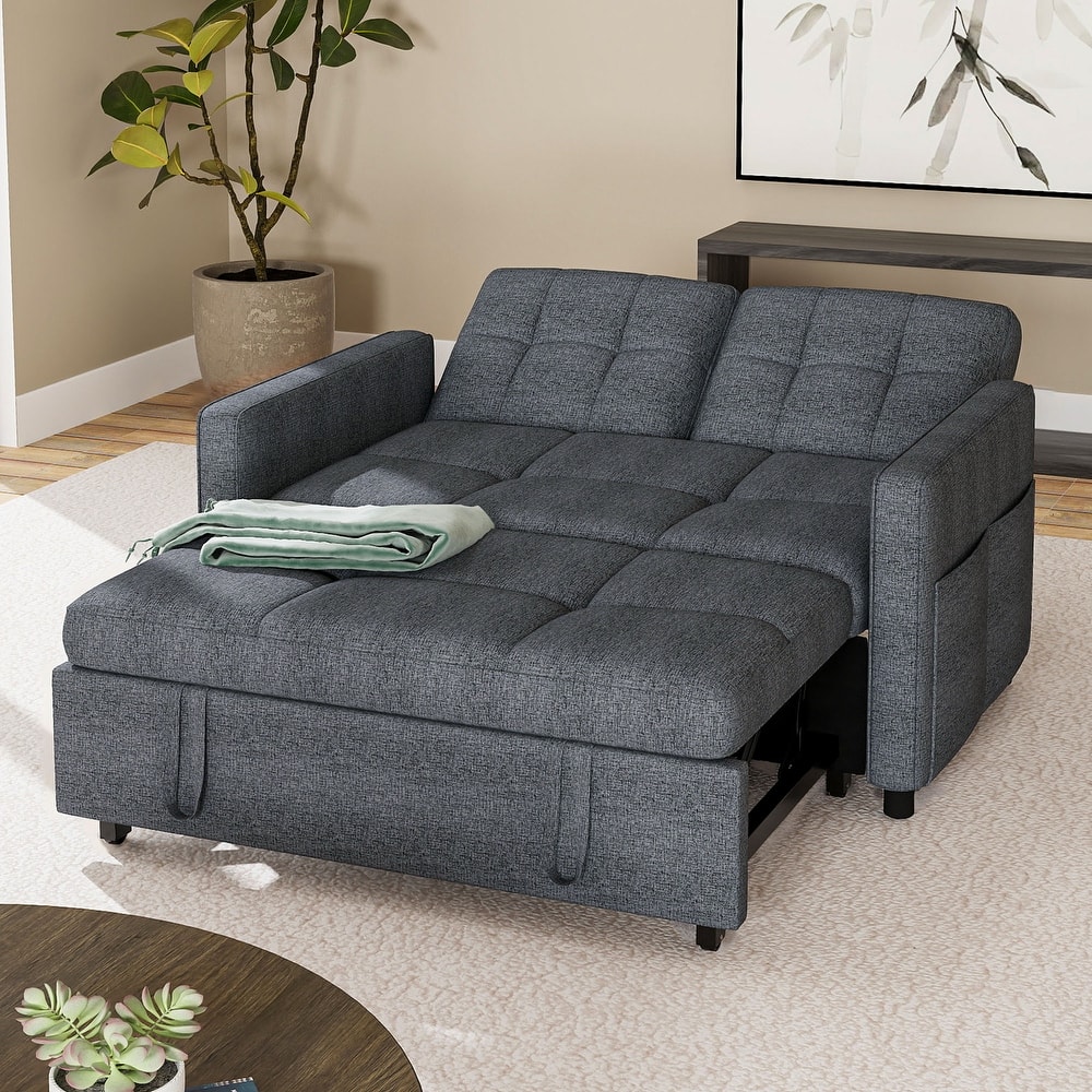 3-in-1 Sleeper Sofa with Iron Frame Pull-Out Bed, Linen Futon Couch with Reclining Backrest and Side Pocket