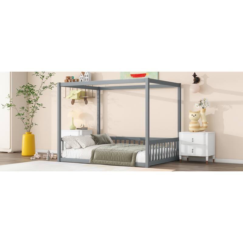 Roomfitters Full Canopy Floor Bed Frame with Rubber Wood Structure, Safety Guardrails, Low Profile Platform Design