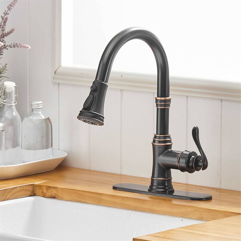 Pull Down Kitchen Faucet Single Handle Modern One Hole Kitchen Sink Faucets With Pull Down Sprayer Basin Tap With Deck Plate - Oil Rubbed Bronze