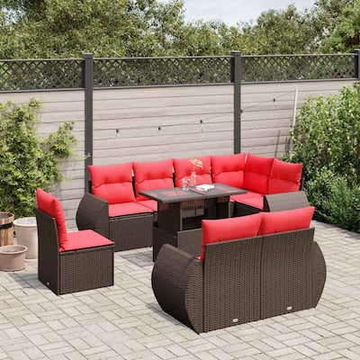vidaXL Patio Sofa Set with Cushions and Table Outdoor 9 Piece Poly Rattan