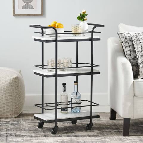 Henri Modern Glam 3 Tier Bar Cart with Marble Shelving by Christopher Knight Home - 23.25" L x 12.00" W x 35.00" H