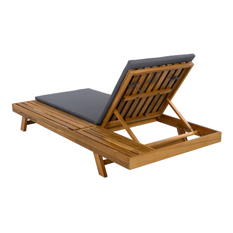 One-sided Open Storage Lounge Chairs Outdoor Patio Acacia Wood Chaise Lounge with Adjustable Backrest & Water-repellent Cushions