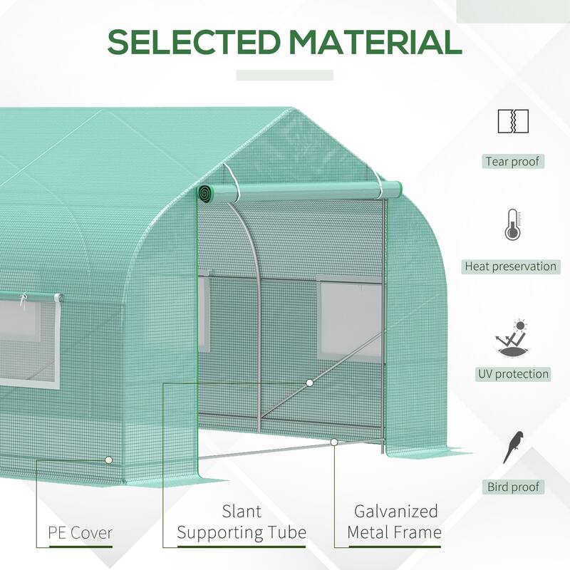Outdoor Garden Roll-Up Door Greenhouse with Reinforced Steel Frame and Mesh Windows - Green