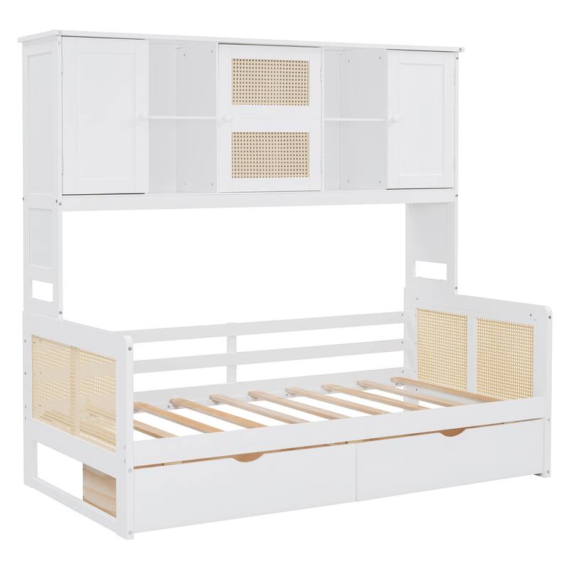 L-Shape Twin Size Daybed with Storage Cabinet and 2 Drawers, Bedroom Storage Bed Frame with Bookshelf, Wood Slats Support