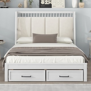 Full Platform Kids Bed Frame with Upholstered Headboard & Drawers, White