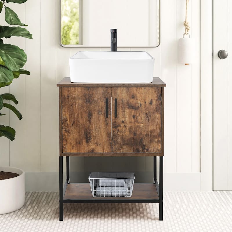 24" Bathroom Vanity Sink Set Brown Free-standing Manufactured Wood with Sink Faucet Drain Combo - black line ceramic sink