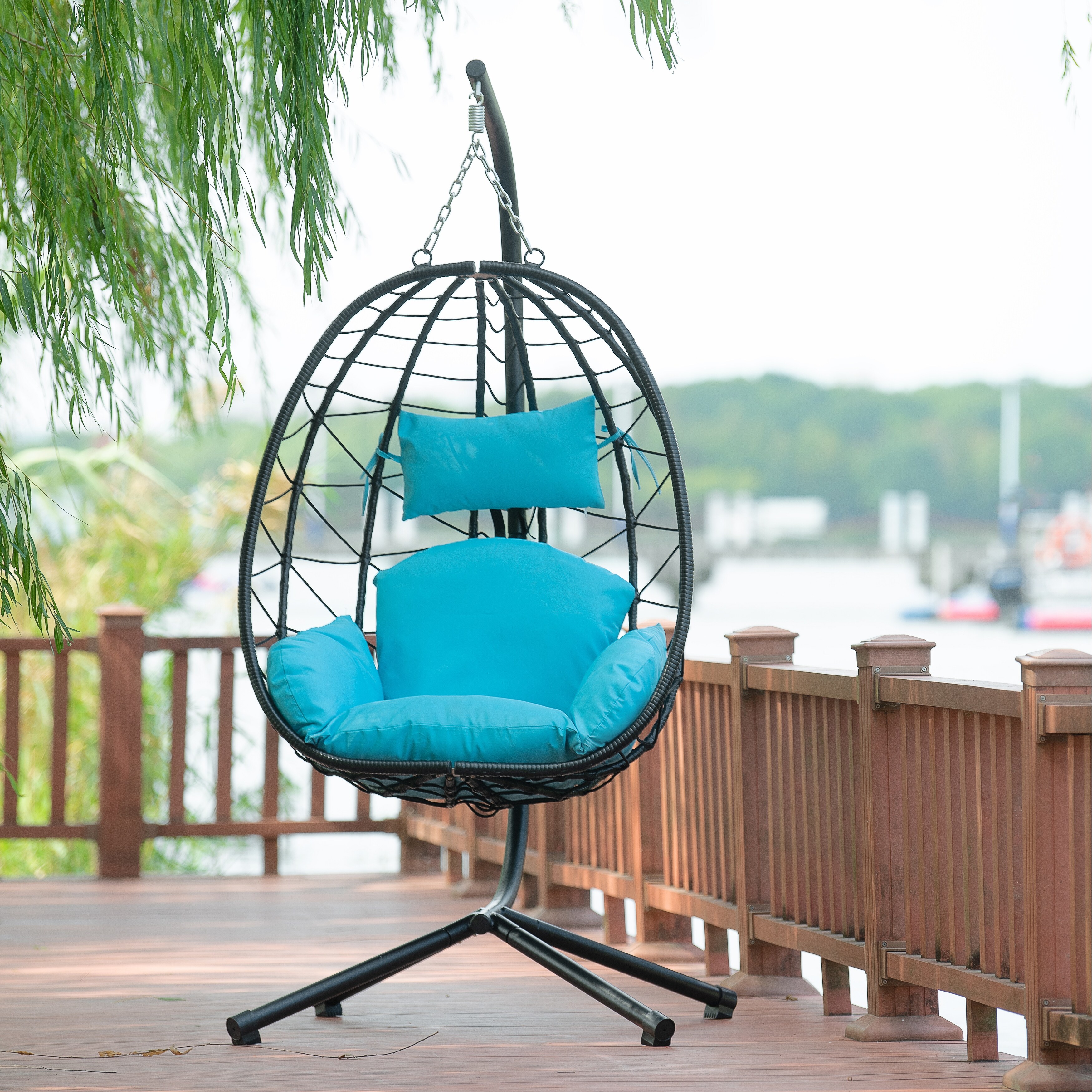 Modern Rattan Swing Chair with Stand Outdoor Hanging Egg Chair for Single Person Complete with Cushion in Black Rattan Beige