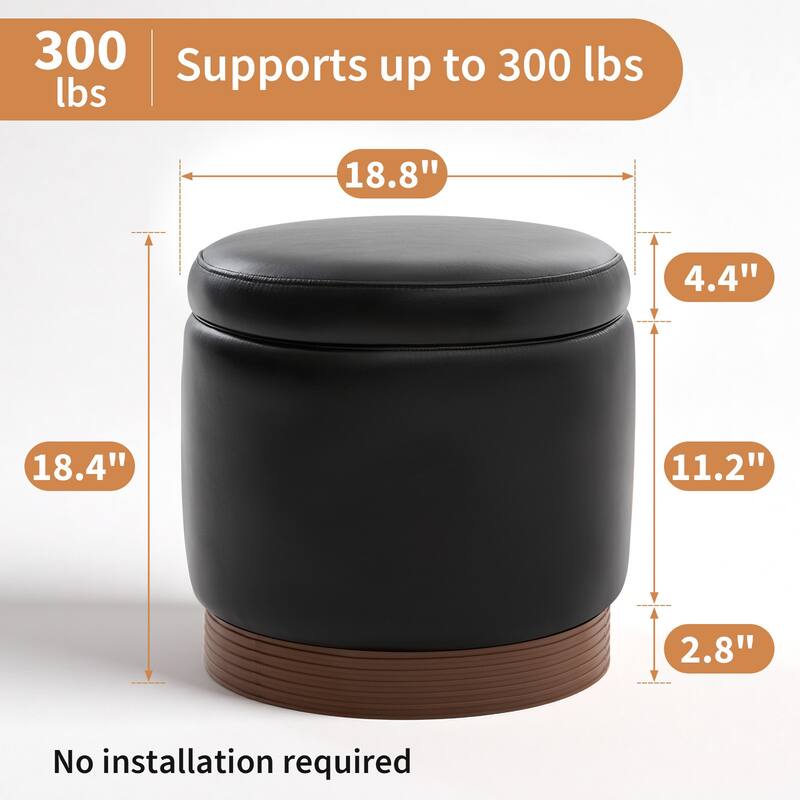 Round Swivel Storage Ottoman Footstool with Flip-top and Acacia Frame